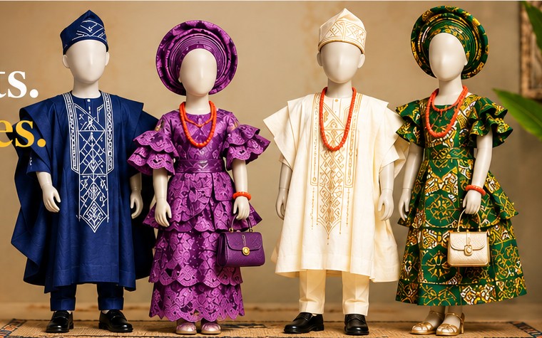 Children's mannequins wearing colourful Yoruba cultural outfits